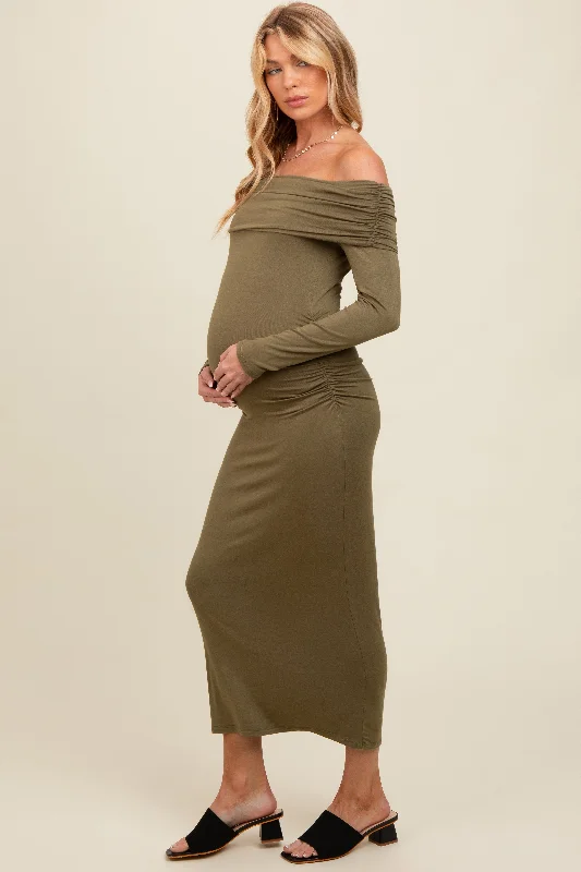 Maternity dress for a baby's first visit to the Japanese garden Olive Foldover Off Shoulder Long Sleeve Maternity Midi Dress