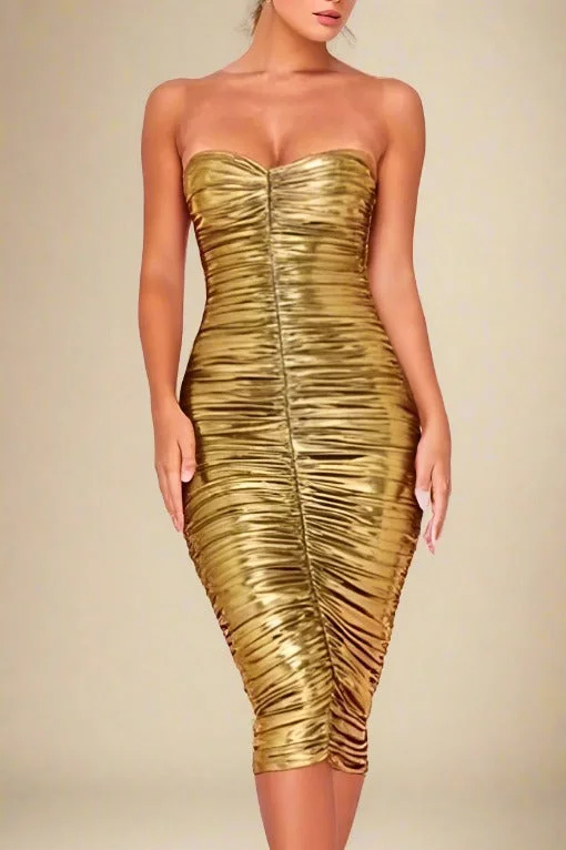 Everyday Dress with Asymmetric Hem for a Unique Look​ Terese Bodycon Wrap Dress - Gold