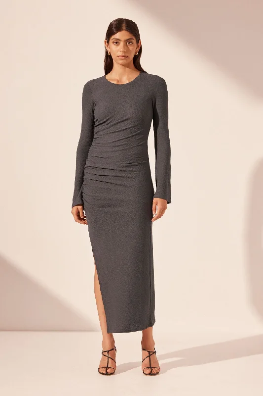 Midi dresses with asymmetric hems for a fashion - forward and dynamic appearance BEAU GATHERED LONG SLEEVE MIDI DRESS - DARK ASH Midi dresses with asymmetric hems for a fashion - forward and dynamic appearance BEAU GATHERED LONG SLEEVE MIDI DRESS - DARK ASH