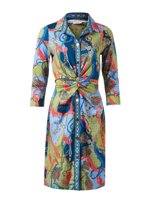  Blue and Green Multi Print Twist Dress