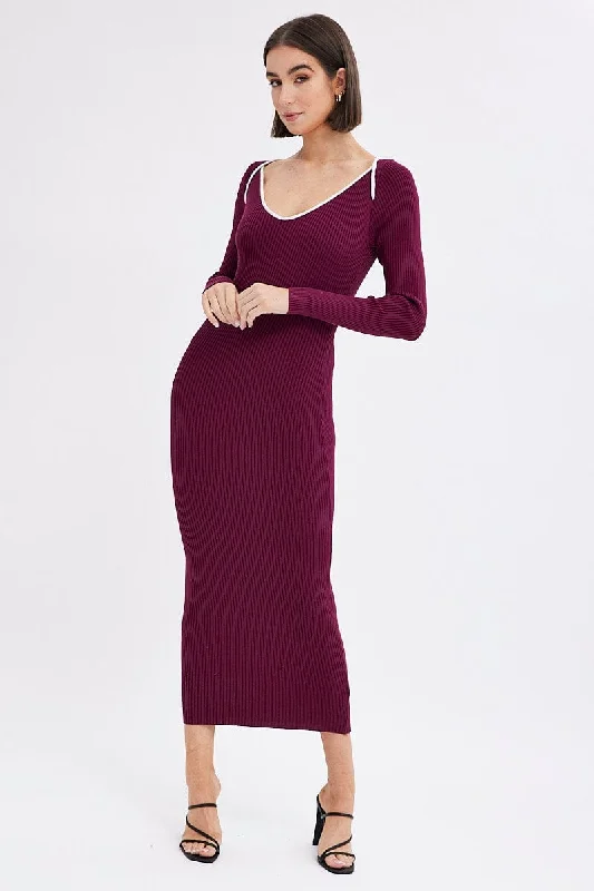 Midi dresses with metallic threads for a glamorous evening event Purple Midi Dress Long Sleeve Sweetheart Contrast Bind Midi dresses with metallic threads for a glamorous evening event Purple Midi Dress Long Sleeve Sweetheart Contrast Bind