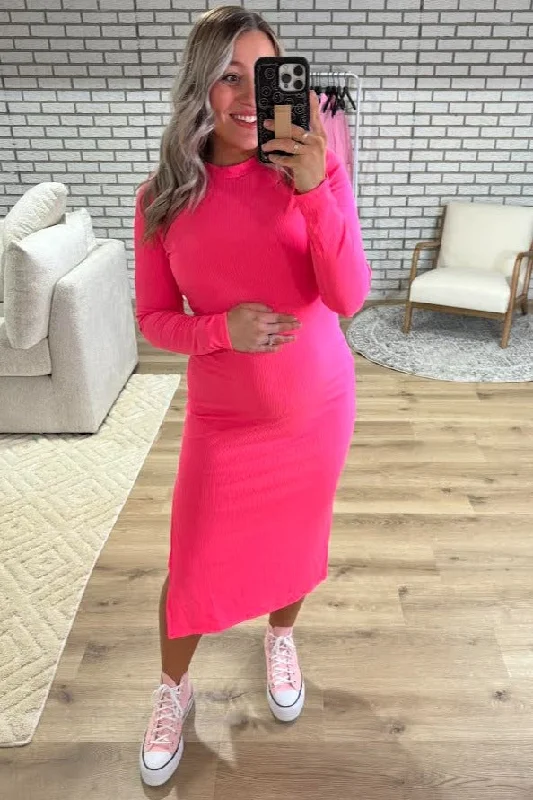 Maternity dress for a baby's first visit to the rooftop garden Pink Ribbed Mock Neck Long Sleeve Maternity Midi Dress Maternity dress for a baby's first visit to the rooftop garden Pink Ribbed Mock Neck Long Sleeve Maternity Midi Dress