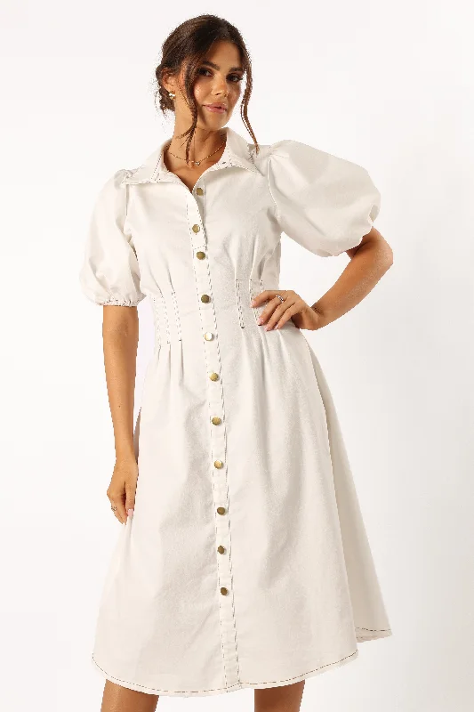 Sheath midi dresses with beaded embellishments for a formal occasion Sollie Puff Sleeve Midi Dress - White