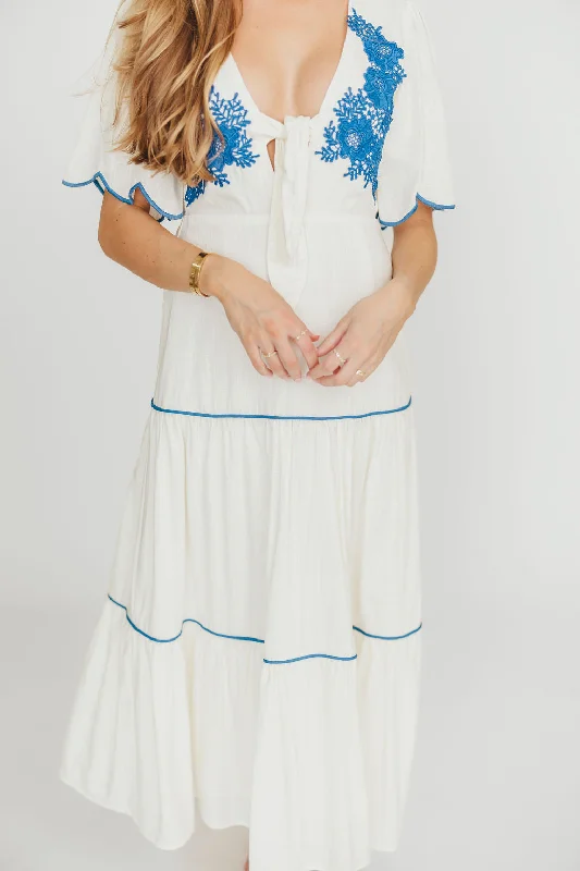 Midi dresses with printed lining for a hidden and stylish detail Lena Embroidered Tiered Midi Dress in Off-White/Blue Midi dresses with printed lining for a hidden and stylish detail Lena Embroidered Tiered Midi Dress in Off-White/Blue