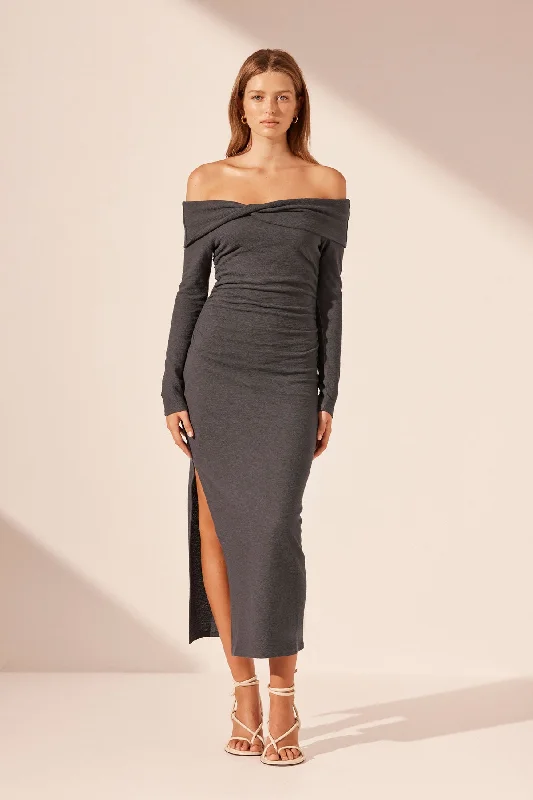 Midi dresses with abstract art prints for an artistic statement BEAU OFF SHOULDER TWIST FRONT MIDI DRESS - DARK ASH Midi dresses with abstract art prints for an artistic statement BEAU OFF SHOULDER TWIST FRONT MIDI DRESS - DARK ASH