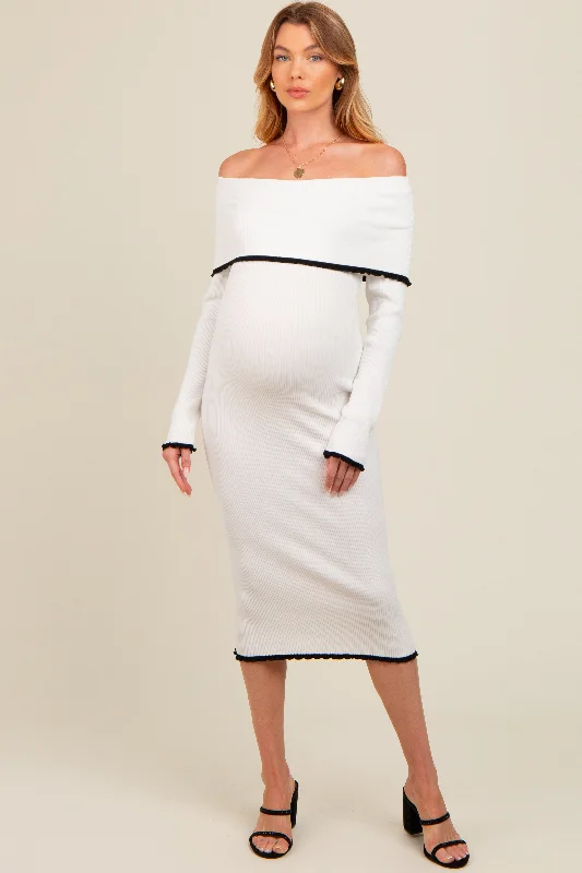 Maternity dress for baby shower with floral pattern Ivory Knit Off Shoulder Contrast Ruffle Trim Maternity Dress Maternity dress for baby shower with floral pattern Ivory Knit Off Shoulder Contrast Ruffle Trim Maternity Dress