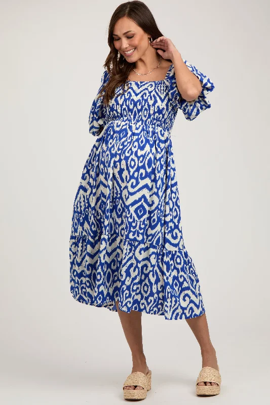 Maternity dress for a baby's first visit to the botanic garden Royal Blue Square Neck Smocked Ruffle Maternity Midi Dress Maternity dress for a baby's first visit to the botanic garden Royal Blue Square Neck Smocked Ruffle Maternity Midi Dress
