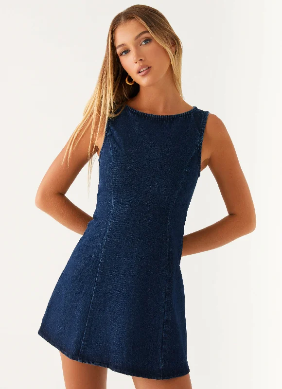 Everyday Dress with Cowl Neck for a Sophisticated Style Rochelle Denim Mini Dress - Blue Everyday Dress with Cowl Neck for a Sophisticated Style Rochelle Denim Mini Dress - Blue