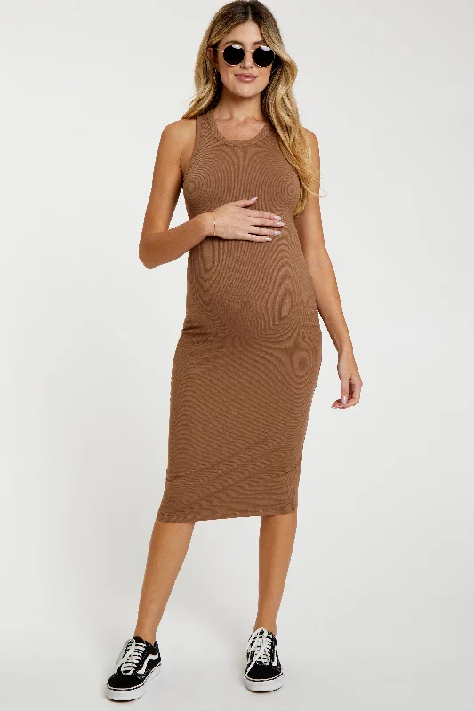 Maternity dress for a baby's first visit to the science center Camel Sleeveless Ribbed Fitted Maternity Midi Dress Maternity dress for a baby's first visit to the science center Camel Sleeveless Ribbed Fitted Maternity Midi Dress