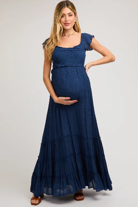 Maternity dress for a baby's first visit to the winery Navy Smocked Crossover Off Shoulder Maternity Maxi Dress Maternity dress for a baby's first visit to the winery Navy Smocked Crossover Off Shoulder Maternity Maxi Dress