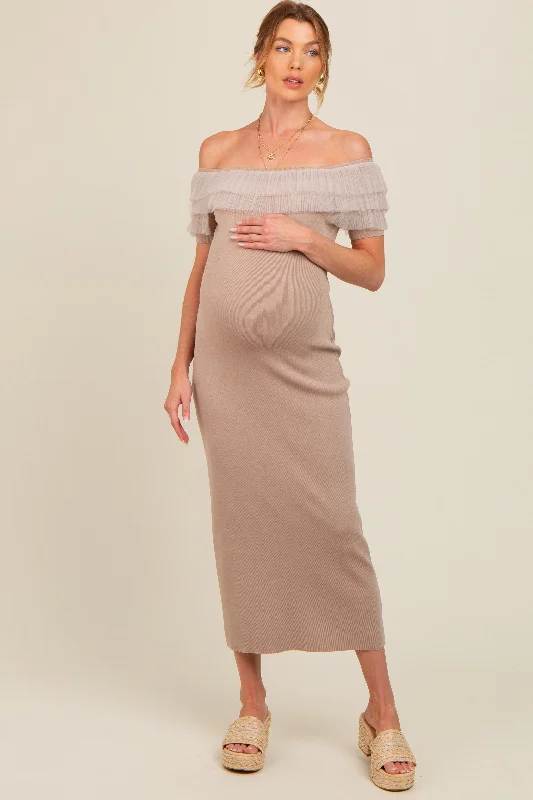 Maternity dress for a baby's first visit to the botanic garden Beige Tulle Ruffle Off Shoulder Sweater Maternity Midi Dress Maternity dress for a baby's first visit to the botanic garden Beige Tulle Ruffle Off Shoulder Sweater Maternity Midi Dress