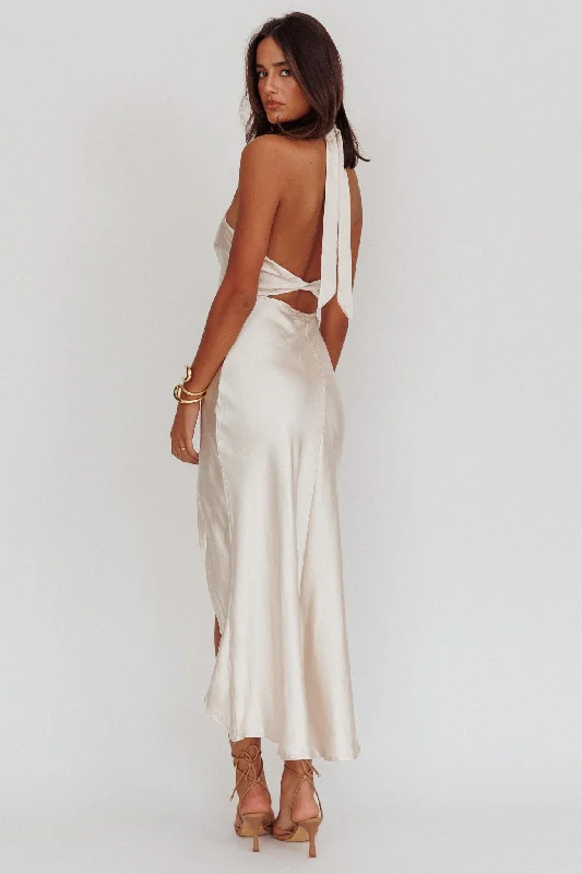 Midi dresses with gathered skirts for a full and flowing silhouette Sonoma Halterneck Twist Back Maxi Dress Champagne