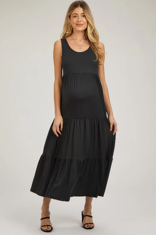 Maternity dress for a baby's first visit to the magic show Black Sleeveless Scoop Back Tiered Maternity Maxi Dress Maternity dress for a baby's first visit to the magic show Black Sleeveless Scoop Back Tiered Maternity Maxi Dress