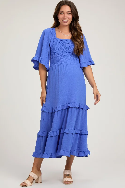 Maternity dress for a baby's first visit to the Japanese garden Royal Smocked Ruffle Tiered Maternity Midi Dress Maternity dress for a baby's first visit to the Japanese garden Royal Smocked Ruffle Tiered Maternity Midi Dress