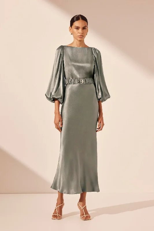 Midi dresses with printed lining for a hidden and stylish detail LA LUNE BALLOON SLEEVE MIDI DRESS WITH BELT - SAGE