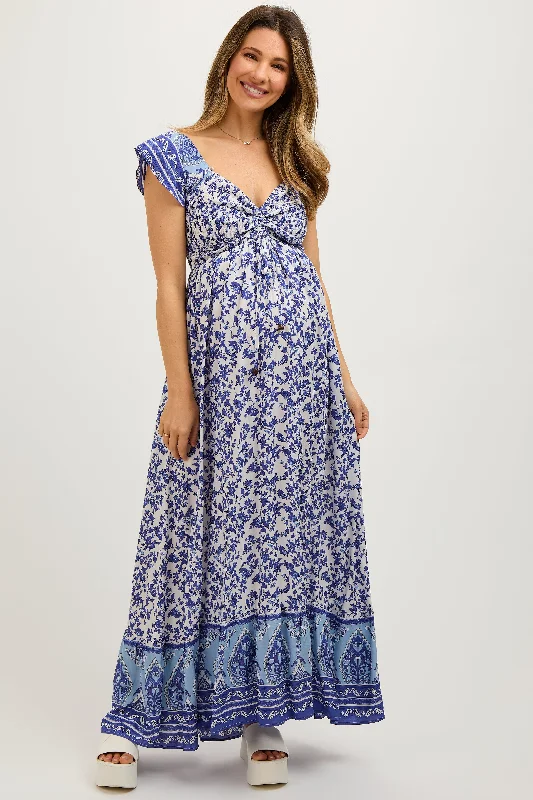 Maternity dress for a christening Blue Floral Off Shoulder Maternity Maxi Dress