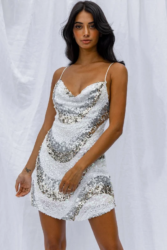Mini dresses with gathered skirts for a voluminous effect Show Me Love Cowl Neck Mini Dress Sequin Swirl White