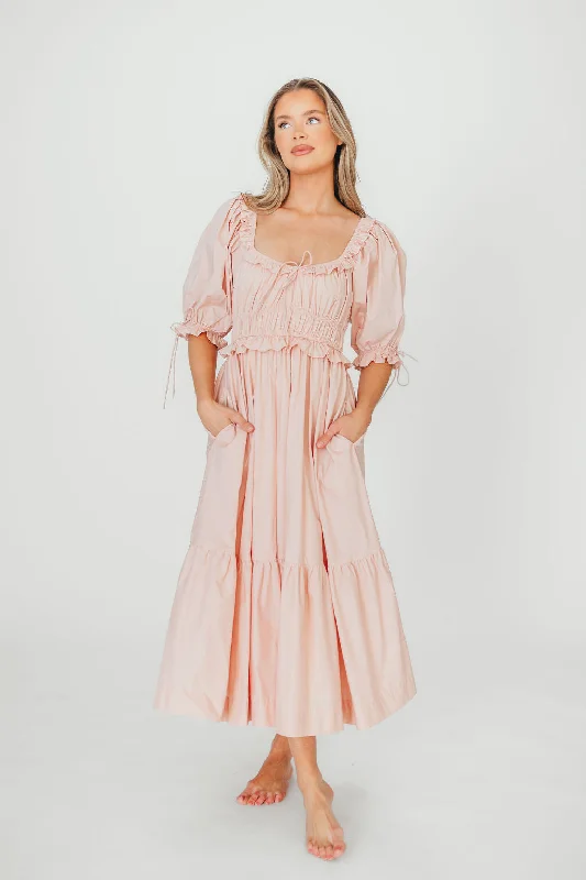 Midi dresses with tiered skirts for a bohemian festival look 100% Cotton Crissy Ruched Midi Dress in Dusty Pink - Bump Friendly Midi dresses with tiered skirts for a bohemian festival look 100% Cotton Crissy Ruched Midi Dress in Dusty Pink - Bump Friendly