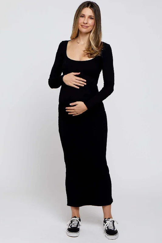 Off shoulder maternity evening dress for parties Black Ribbed Scoop Neck Maternity Midi Dress Off shoulder maternity evening dress for parties Black Ribbed Scoop Neck Maternity Midi Dress