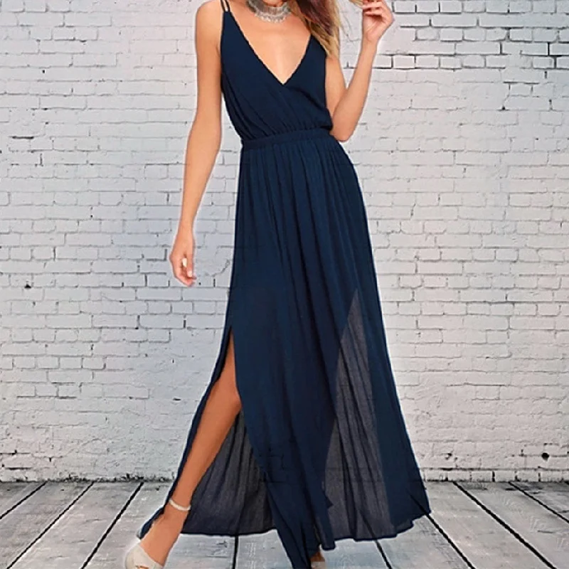  Chiffon Casual Strap Backless Swing Maxi Sling Dress