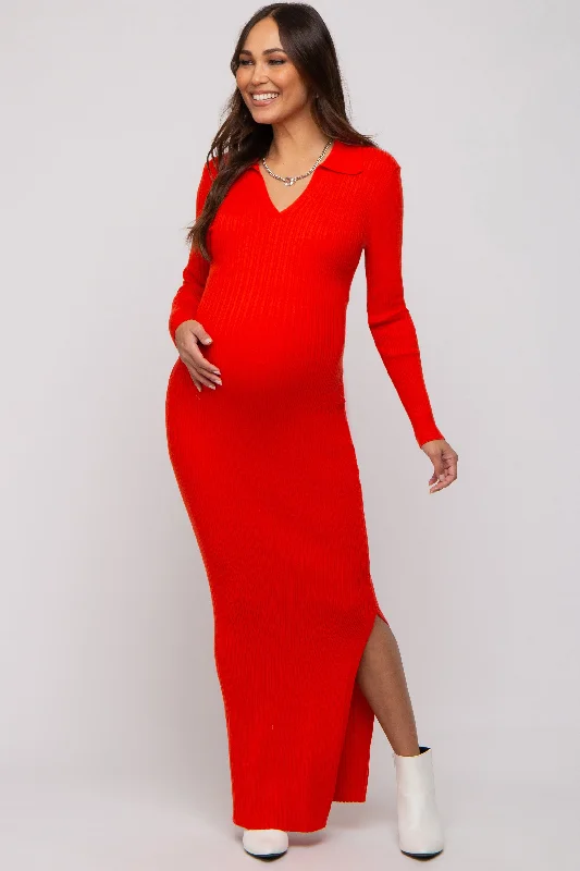 Maternity dress for a winter wonderland event Red Orange Rib Knit Collared Maternity Maxi Dress Maternity dress for a winter wonderland event Red Orange Rib Knit Collared Maternity Maxi Dress