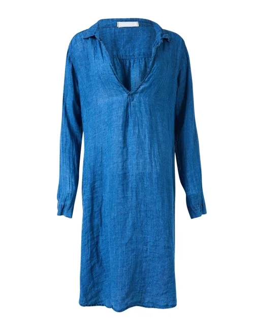 Everyday Long - sleeved Dress with Cuffed Sleeves for Winter​ Lara Blue Linen Dress
