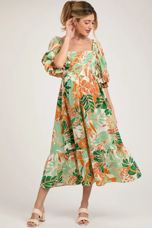 Maternity dress for a baby's first visit to the pool Orange Leaf Print Puff Sleeve Smocked Maternity Midi Dress Maternity dress for a baby's first visit to the pool Orange Leaf Print Puff Sleeve Smocked Maternity Midi Dress