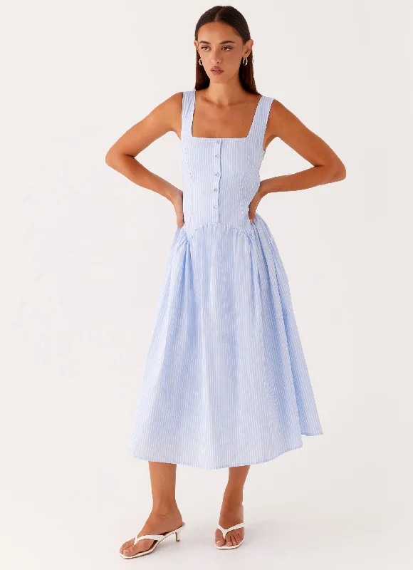 Everyday Dress with Backless Design for a Flirty Look Kalina Midi Dress - Blue White Stripe Everyday Dress with Backless Design for a Flirty Look Kalina Midi Dress - Blue White Stripe