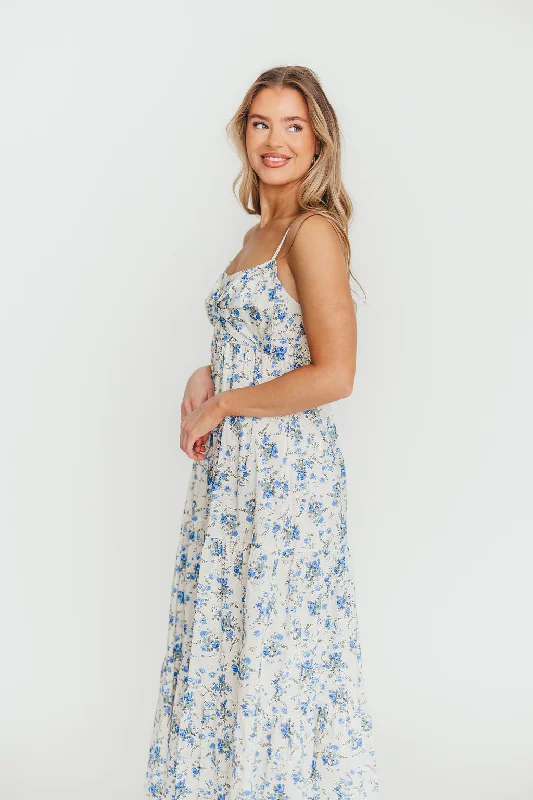 Midi dresses with polka dot prints for a playful summer outfit Cecile 100% Cotton Bow Front Maxi Dress in Cream/Blue Floral Midi dresses with polka dot prints for a playful summer outfit Cecile 100% Cotton Bow Front Maxi Dress in Cream/Blue Floral