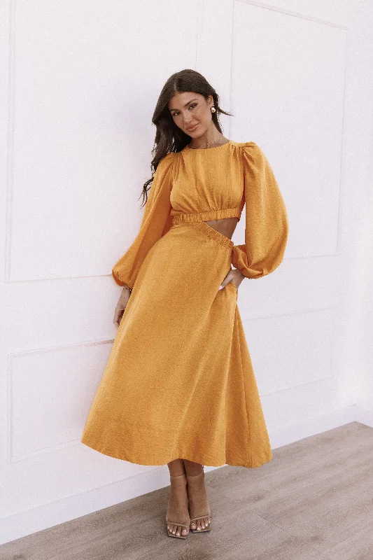 Midi dresses with sheer panels for a touch of allure Ginnee Puff Sleeve Cutout Midi Dress - Mustard Midi dresses with sheer panels for a touch of allure Ginnee Puff Sleeve Cutout Midi Dress - Mustard