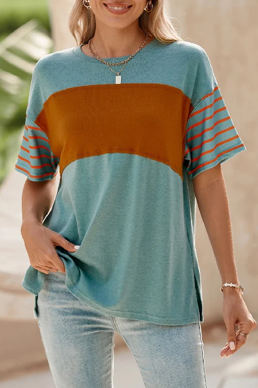 Everyday Dress with Printed Bodice for a Statement Look​ Striped Round Neck Short Sleeve T-Shirt