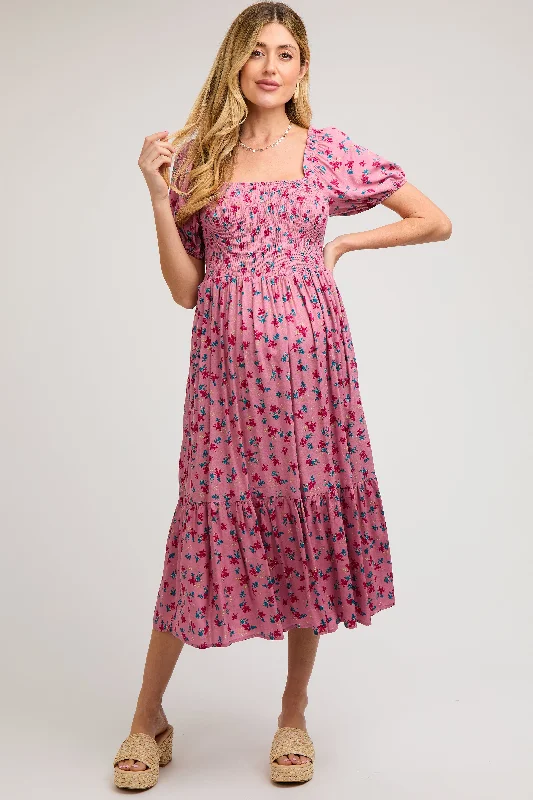 Maternity dress for a baby's first visit to the concert Pink Floral Smocked Short Sleeve Maternity Midi Dress Maternity dress for a baby's first visit to the concert Pink Floral Smocked Short Sleeve Maternity Midi Dress