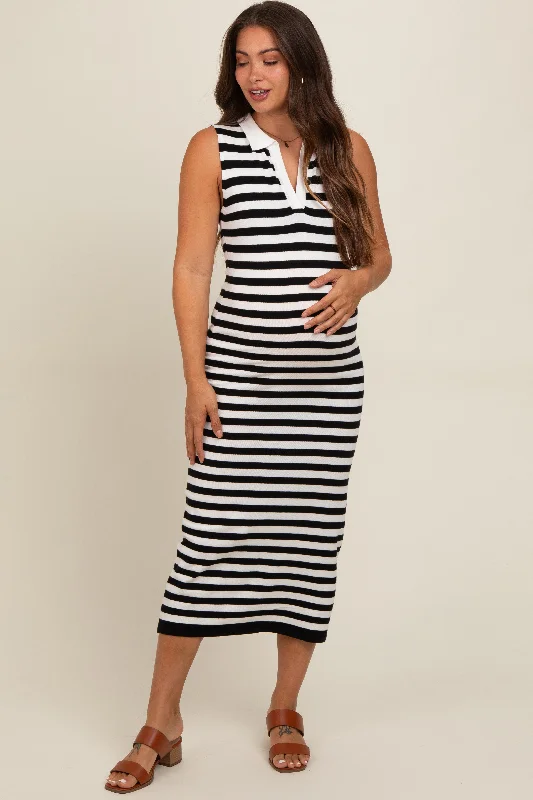 Maternity dress for a baby's first visit to the vegetable garden Black Striped Fitted Maternity Polo Midi Dress