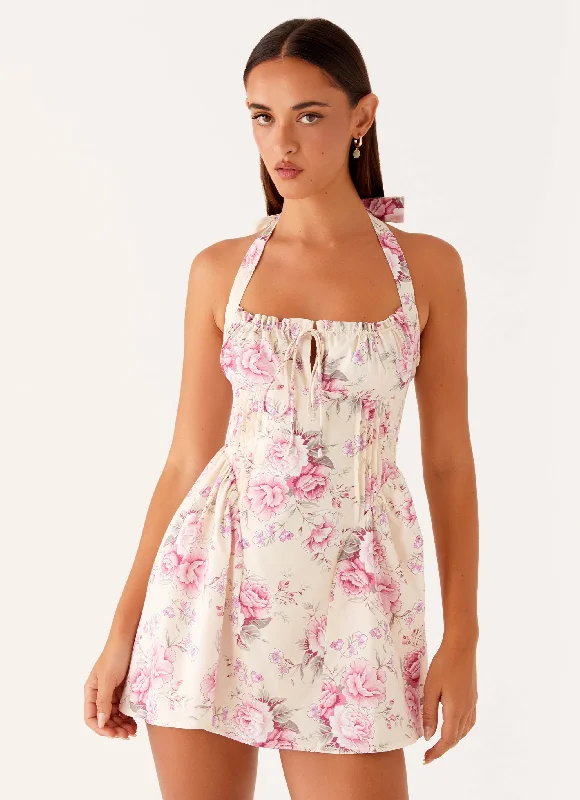 Petite - fit Everyday Dress with Ruffled Sleeves Rosalie Halter Mini Dress - Vintage Pink Floral Petite - fit Everyday Dress with Ruffled Sleeves Rosalie Halter Mini Dress - Vintage Pink Floral