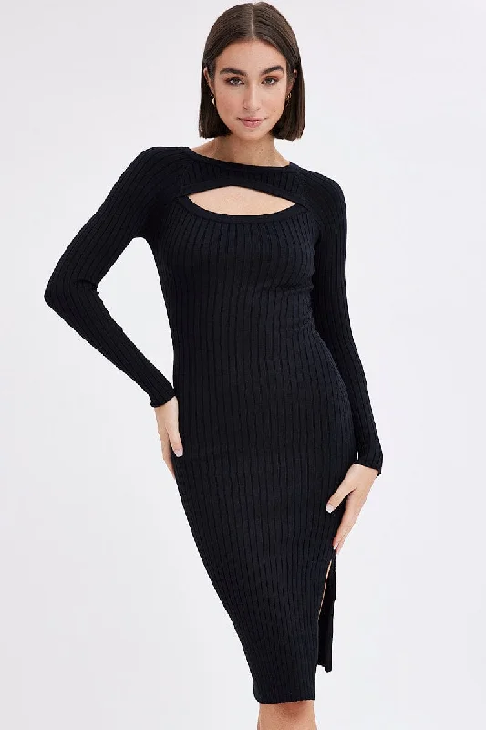 Midi dresses with ruffled bodices for a more pronounced feminine look Black Midi Dress Long Sleeve Round Neck Keyhole Rib Knit