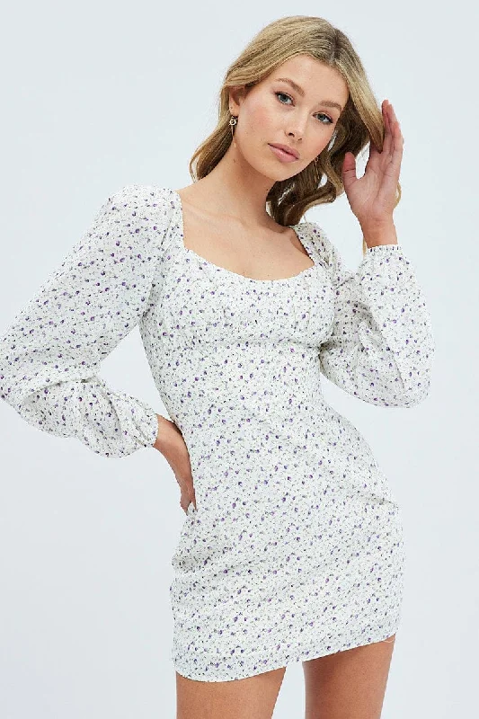 Midi dresses with off - the - shoulder necklines for a flirty look White Floral Midi Dress Long Sleeve Gathering Bust Midi dresses with off - the - shoulder necklines for a flirty look White Floral Midi Dress Long Sleeve Gathering Bust
