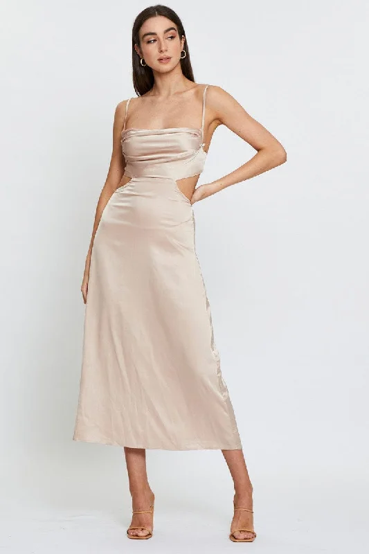 Midi dresses with mesh inserts for a trendy and breathable option Beige Midi Dress Satin Midi dresses with mesh inserts for a trendy and breathable option Beige Midi Dress Satin
