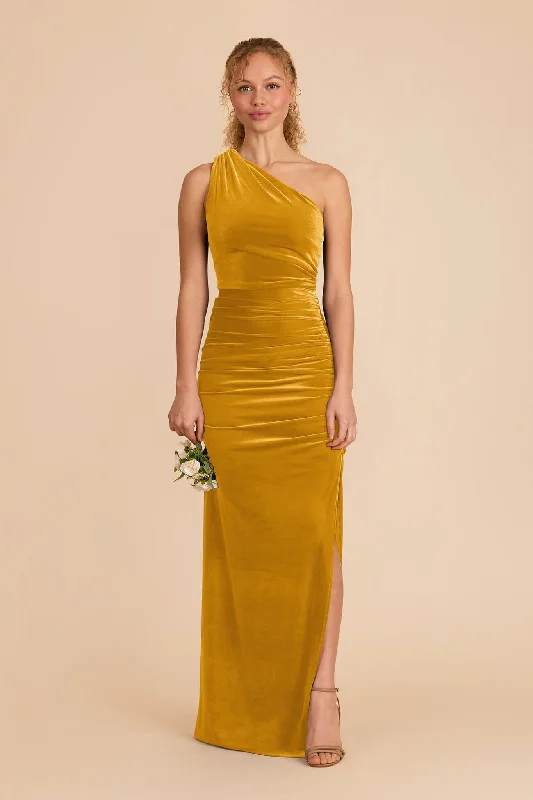 Maternity dress for a gender reveal party Claudia Velvet Dress - Butterscotch