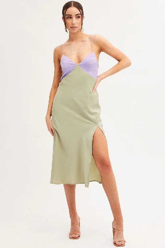 High - low midi dresses with geometric patterns for a modern party Multi Slip Dress Midi V Neck Colour Block Satin High - low midi dresses with geometric patterns for a modern party Multi Slip Dress Midi V Neck Colour Block Satin