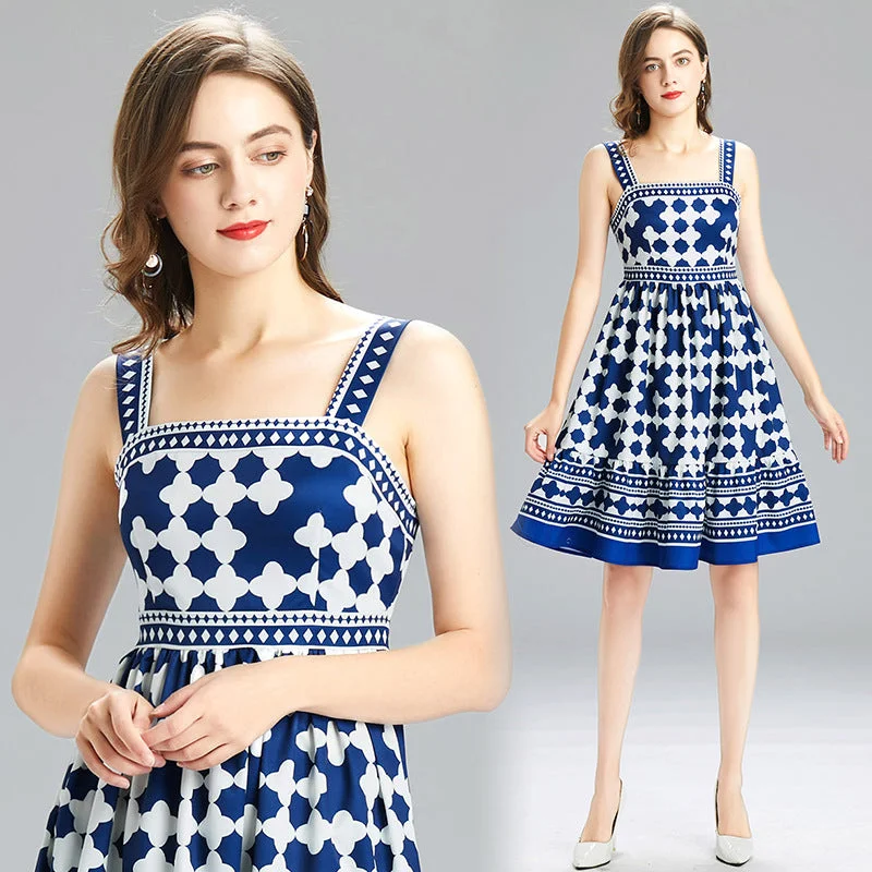 Everyday Corduroy Dress in Autumn Colors​ Blue Geometrical  Strap Dress