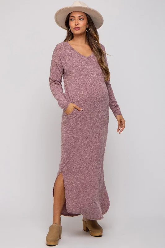 Maternity dress for a gender reveal party Plum Heathered Pocketed Long Sleeve Maternity Maxi Dress Maternity dress for a gender reveal party Plum Heathered Pocketed Long Sleeve Maternity Maxi Dress