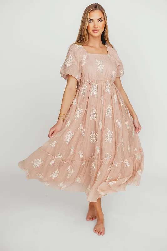 Midi dresses with sheer panels for a touch of allure Hallie Embroidered Maxi Dress in Blush - Bump Friendly & Inclusive Sizing (S-3XL)