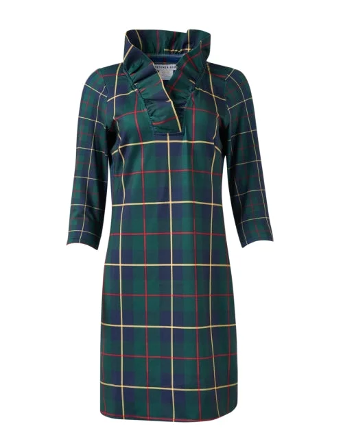 Everyday Dress with Detachable Sleeves for Seasonal Versatility Plaidly Green Plaid Ruffle Neck Dress Everyday Dress with Detachable Sleeves for Seasonal Versatility Plaidly Green Plaid Ruffle Neck Dress