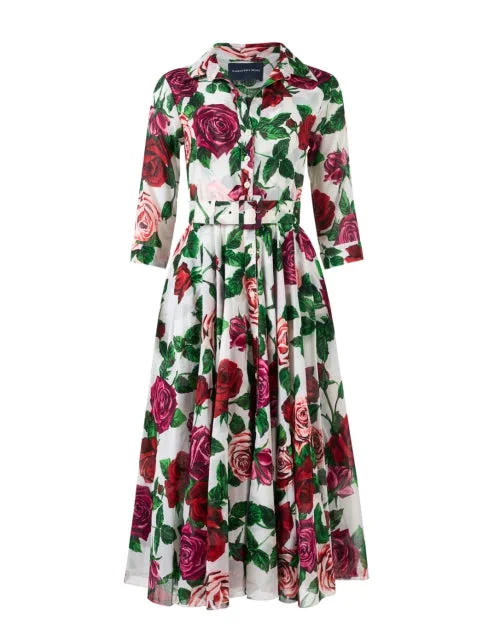 Everyday Dress with Wrinkle - resistant Material for Convenience Aster White Rose Print Cotton Dress Everyday Dress with Wrinkle - resistant Material for Convenience Aster White Rose Print Cotton Dress