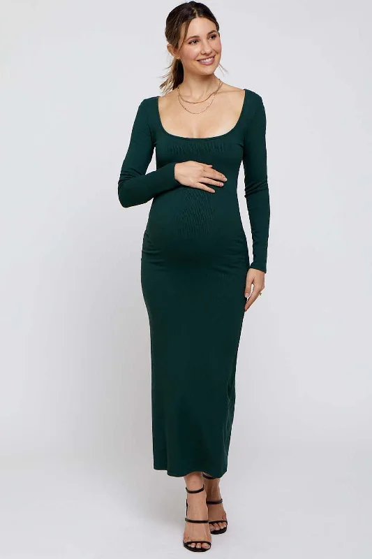 Maternity dress for a baby's first visit to the community garden Forest Green Ribbed Scoop Neck Maternity Midi Dress Maternity dress for a baby's first visit to the community garden Forest Green Ribbed Scoop Neck Maternity Midi Dress
