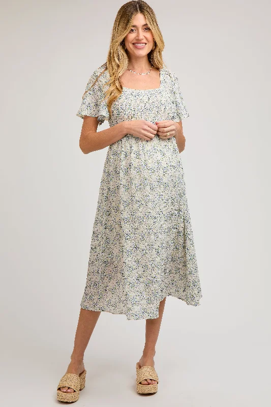 A - line maternity dress for a flattering fit White Floral Square Neck Smocked Maternity Midi Dress A - line maternity dress for a flattering fit White Floral Square Neck Smocked Maternity Midi Dress