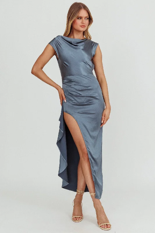 High - low midi dresses with geometric patterns for a modern party Grecian Cap Sleeve Cowl Back Dress Steel Blue