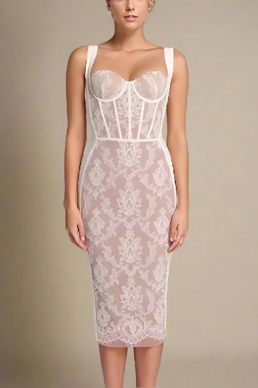  Genevieve Bodycon Lace Midi Dress - White Pearl