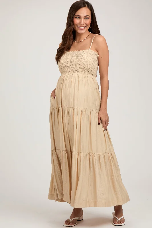 Maternity dress with side ruching to accommodate bump Beige Smocked Square Neck Back Cutout Tiered Maternity Midi Dress Maternity dress with side ruching to accommodate bump Beige Smocked Square Neck Back Cutout Tiered Maternity Midi Dress