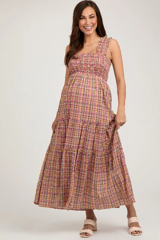 Maternity dress for a baby's first plane ride Multi-Color Plaid Sleeveless Ruffle Maternity Maxi Dress Maternity dress for a baby's first plane ride Multi-Color Plaid Sleeveless Ruffle Maternity Maxi Dress